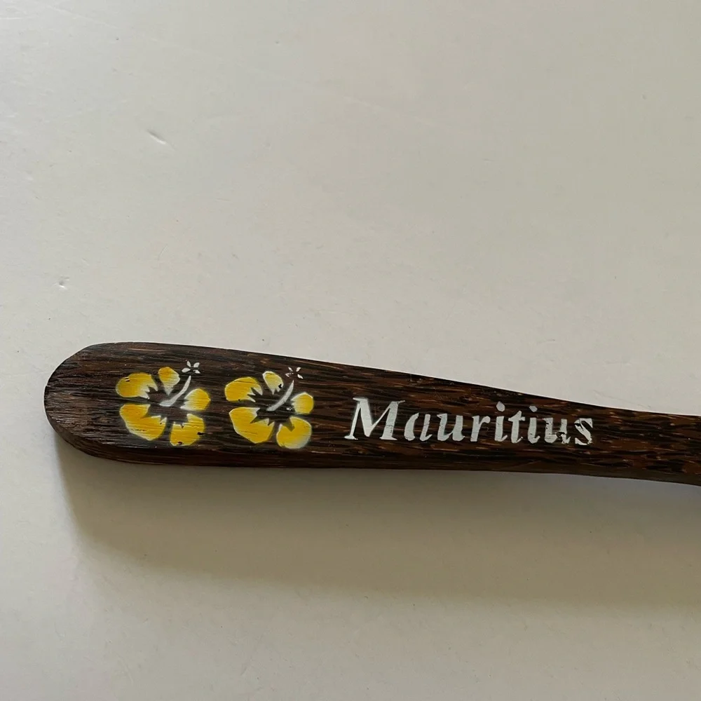 Mauritius Wooden Salad Serving Fork with Yellow Floral Design 12” long